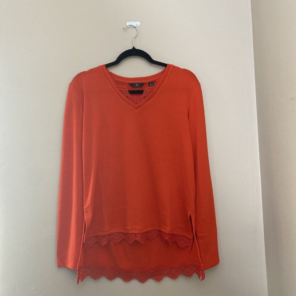 G by Giuliana Womens Long Sleeve Lace Trim Knit Top Hi/Low Lace Hem Red XS